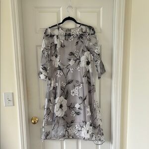 Gray and White Floral Dress with sheer overlay